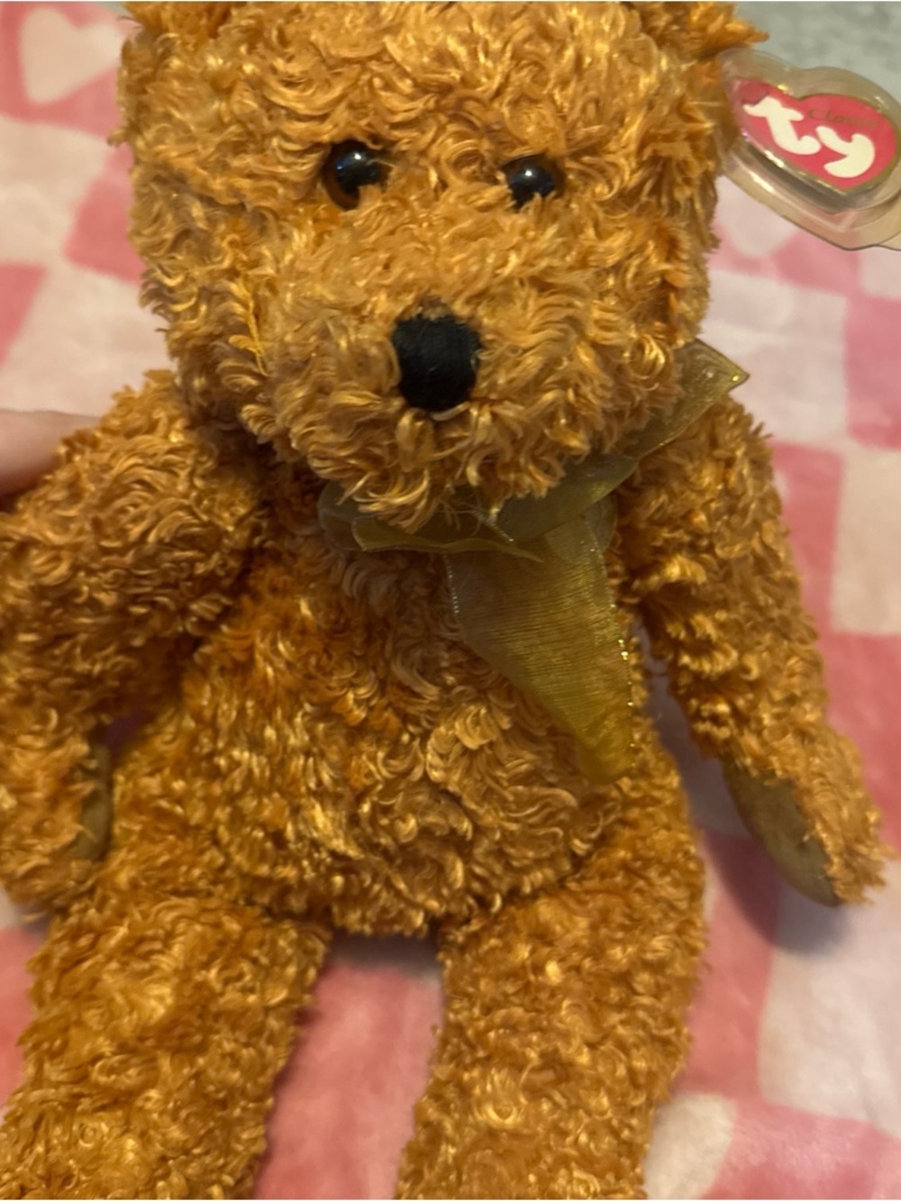 Ty Gold Curly Bear Plush with Sheer Bow
